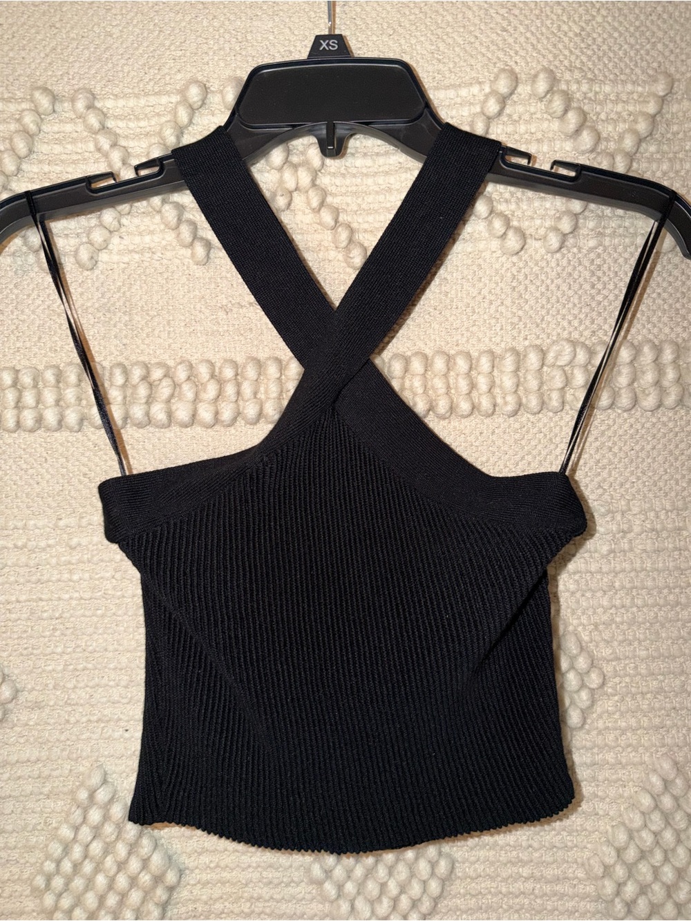 Women's Black Cross-Neck Ribbed Knit Crop/Tank Top